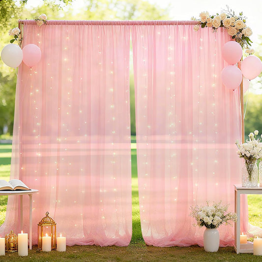 10×8ft Tulle Backdrop Curtains with Lights String - 300LED Fairy Lights Sheer Curtain Backdrop for Weddings Baby Shower and Birthday Party Decorations(6 Panels 5×8ft)