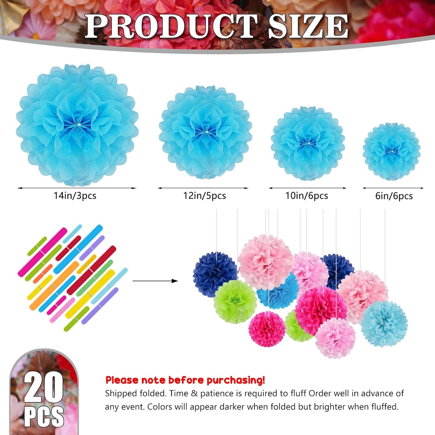 Tissue Paper Pom Poms, Blue Tissue Paper Flowers, Hanging Flower Balls for Weddings Fiesta Parties Birthday Baby Showers Classroom Bridal Shower Decoration (20Piece Set-6/10/12/14Inch)