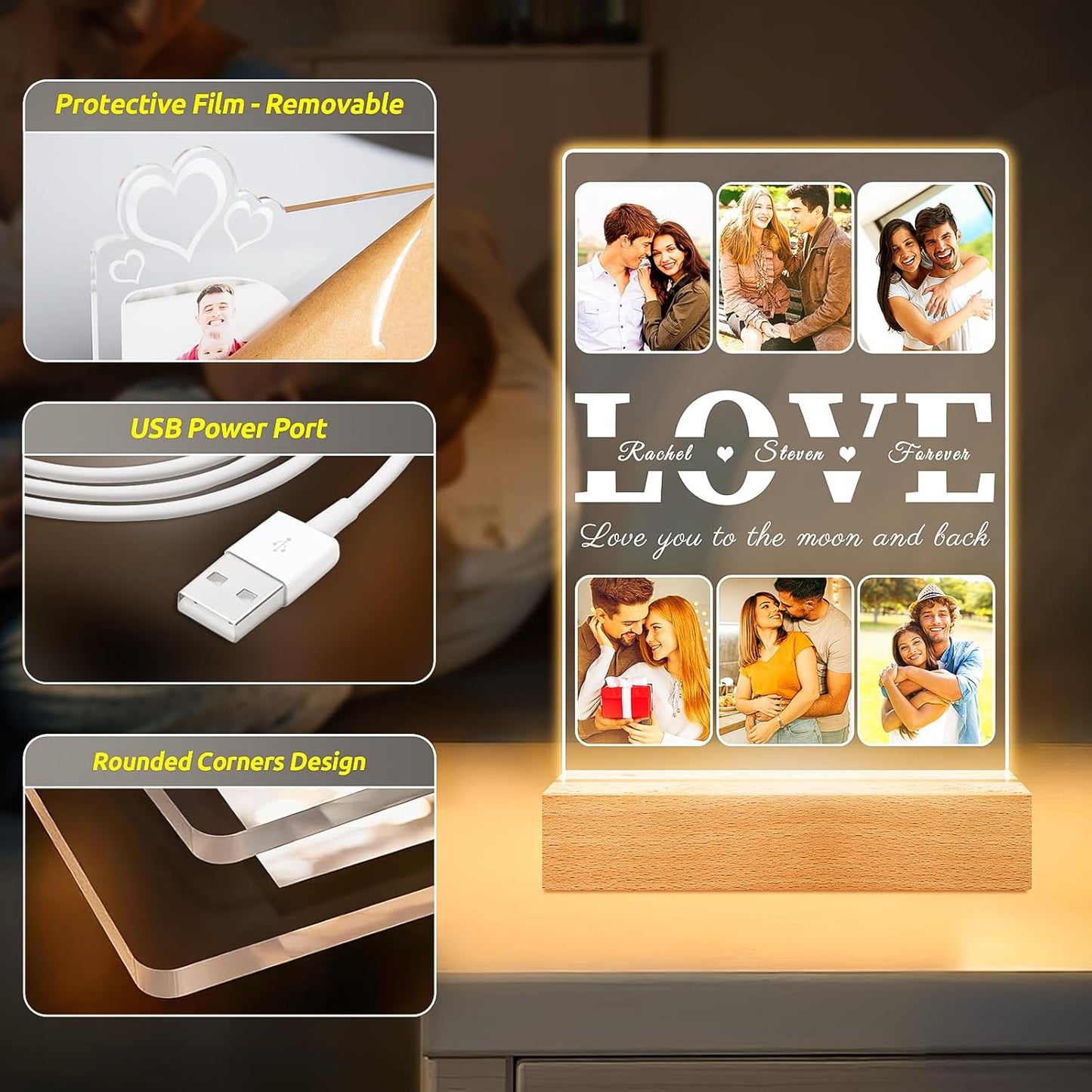 Personalized LOVE Picture Frames with Photo, Custom Photo Frame with Night Light, Customized Photo Gifts, Personalized Anniversary Couples Gifts for Women Men Her Him Boyfriend Girlfriend