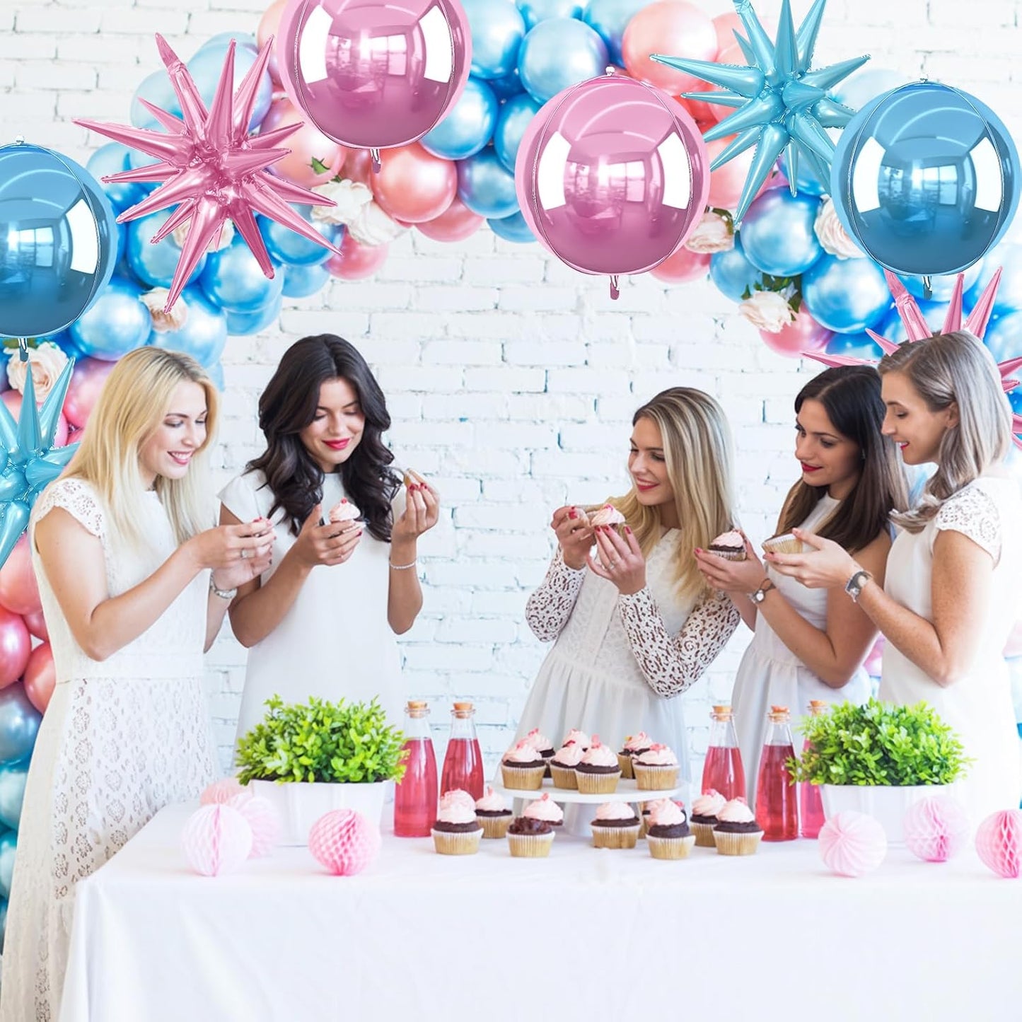 6Pcs Pink Blue Foil Balloons,22Inch Blue Pink 4D Round Ball Balloon and Explosion Star Balloon for Gender Reveal Birthday Wedding Baby Shower Anniversary Decorations