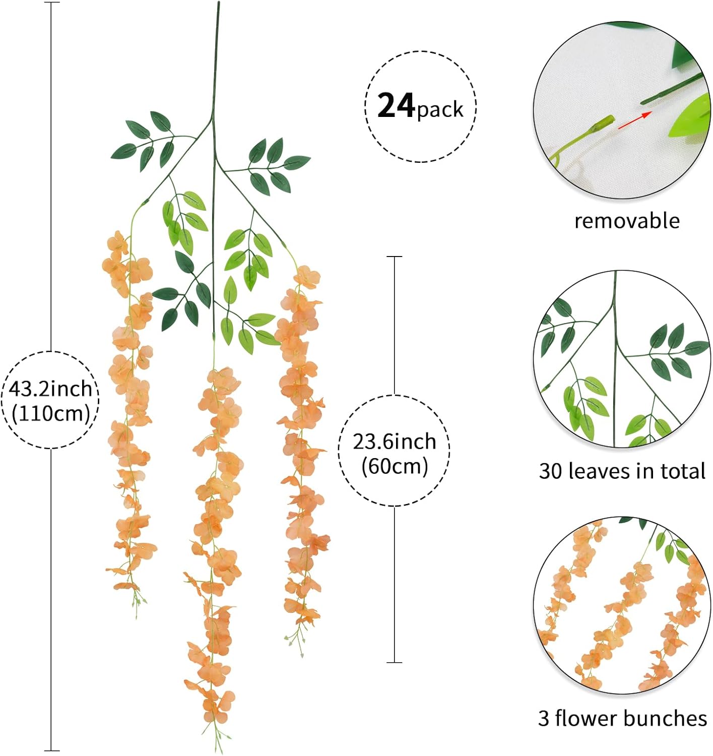 24 Pack Wisteria Hanging Artificial Fall Flowers Fake Flowers Ratta Hanging Garland Silk Flowers String for Home Garden Party Wedding Backdrop Arch Decor (Orange)