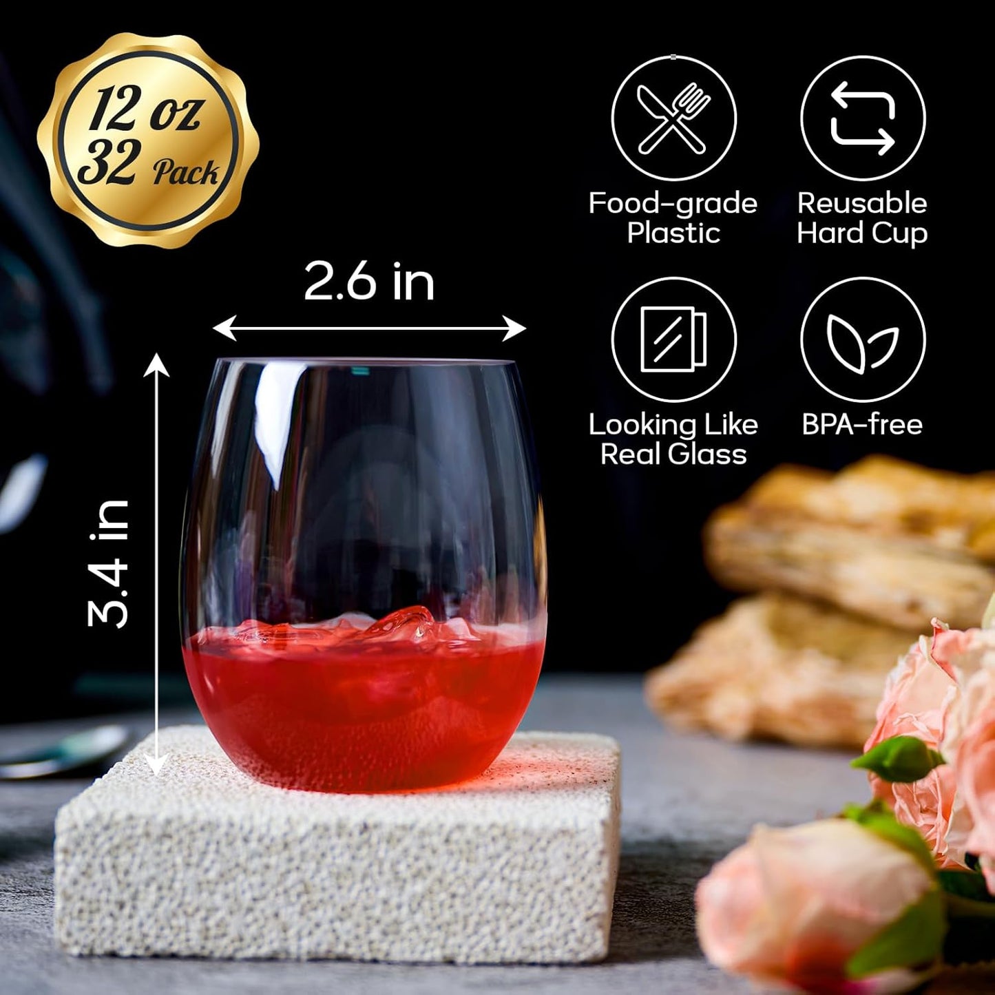 FOCUSLINE 32 Pack Plastic Wine Glasses Stemless, 12 Oz Crystal Clear Disposable Wine Cups, Reusable Plastic Wine Glasses for Parties Weddings, Shatterproof Recyclable and BPA-Free