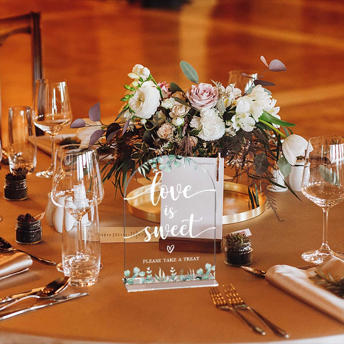 Acrylic Wedding Sign Love is Sweet Signs for Ceremony Modern Calligraphy Arch Acrylic Table Top Signs for Wedding Reception and Event Party Table Decor (Eucalyptus Leaves)