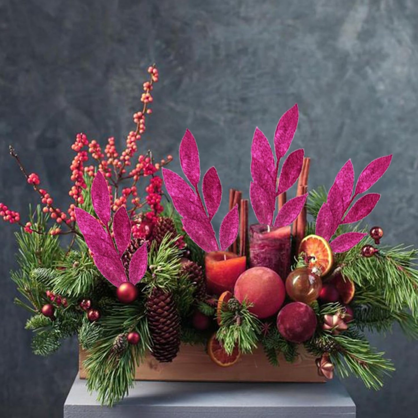 GREENTIME 12 Pack Artificial Rose Red Glitter Leaves 13" Fake Christmas Picks Decorative Glitter Sticks for Vase Christmas Tree DIY Wreath Crafts Fireplace Decor