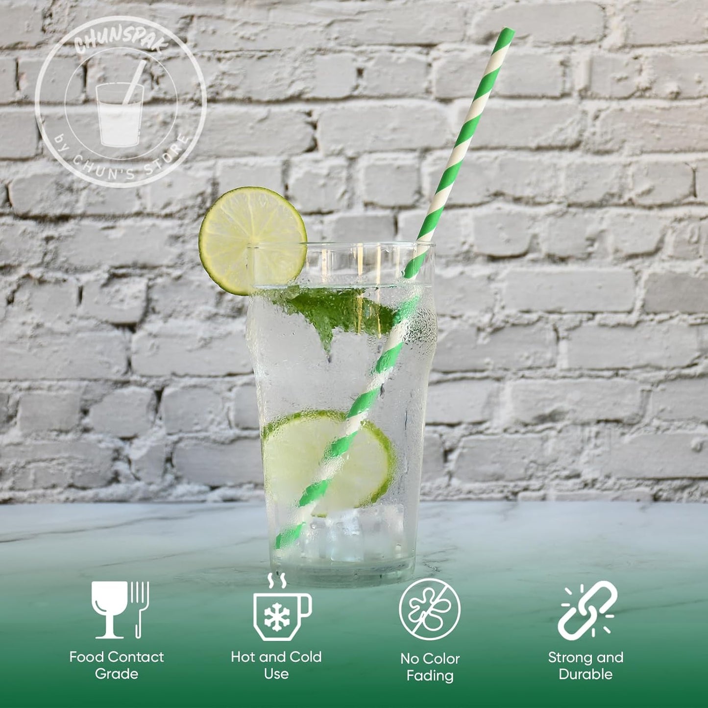 Eco-friendly 10.25 Inch Long Disposable Paper Drinking Straws 6mm Wide [100 Pack] - Green/White Striped
