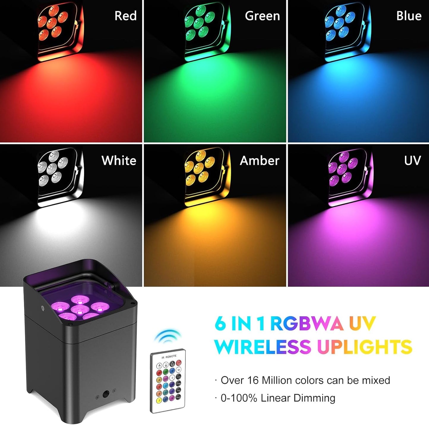 9600mAh Wireless Uplights, 6x18W RGBWA UV Rechargeable Stage Lights, APP/DMX512/Remote Controlled Par Lights, Battery Powered Uplights for Show, Party, Festival, Event, 4 Pack