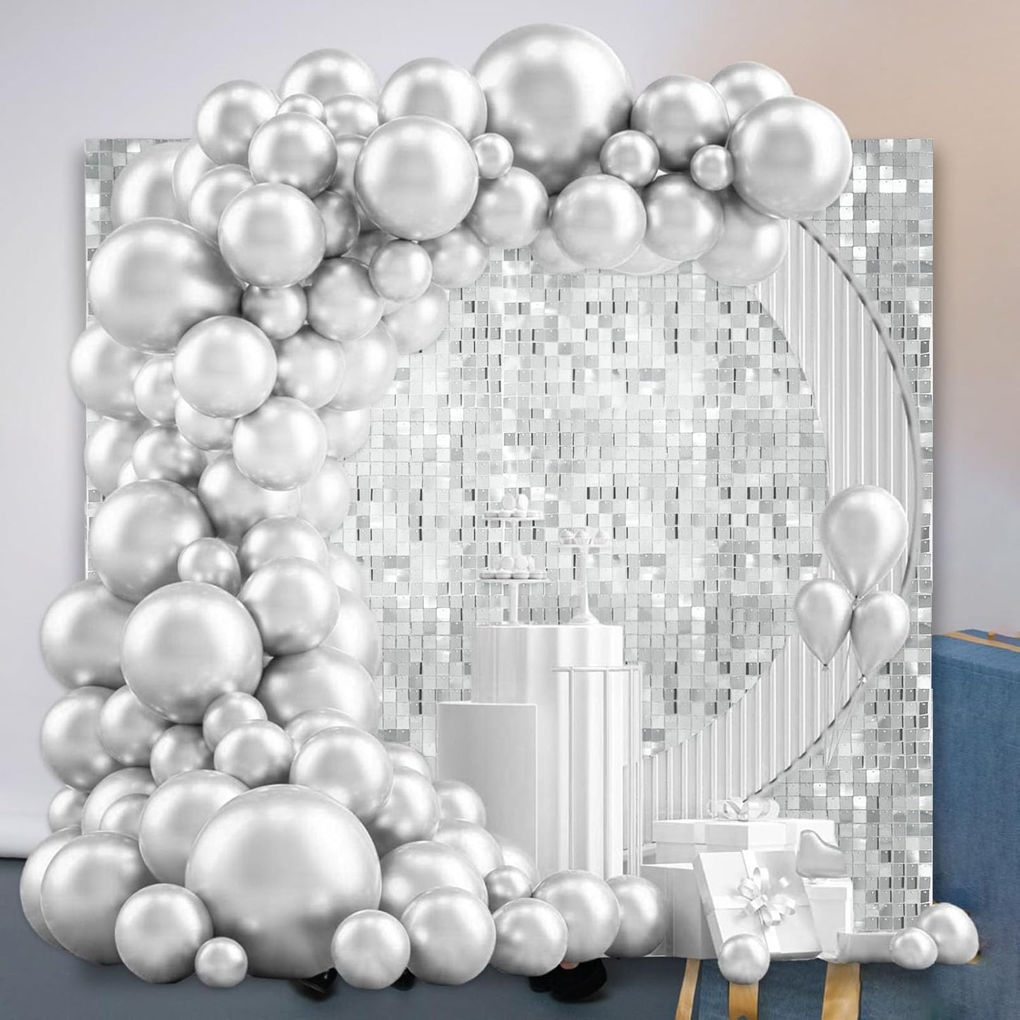 24PCS Silver Shimmer Wall Backdrop, Square Sequin Backdrops Panel, Glitter Wall Background for Birthdays, Weddings, Christmas, Engagements, Disco Bachelorette Party Decoration (4FTx6FT)