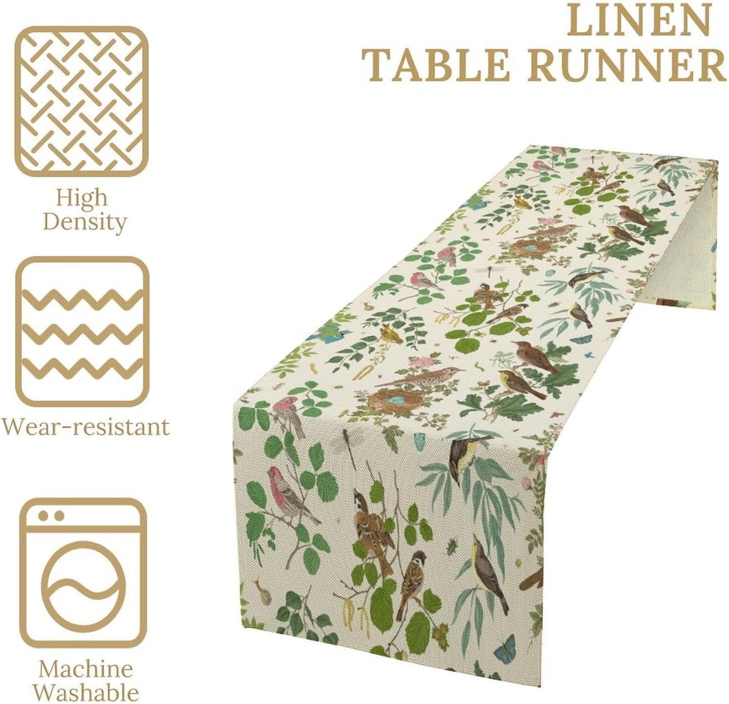 Vintage Bird Flower Table Runner Seasonal Spring Summer Garden Plants Farmhouse Country Kitchen Dining Table Decoration for Home Party Holiday 13"x60"