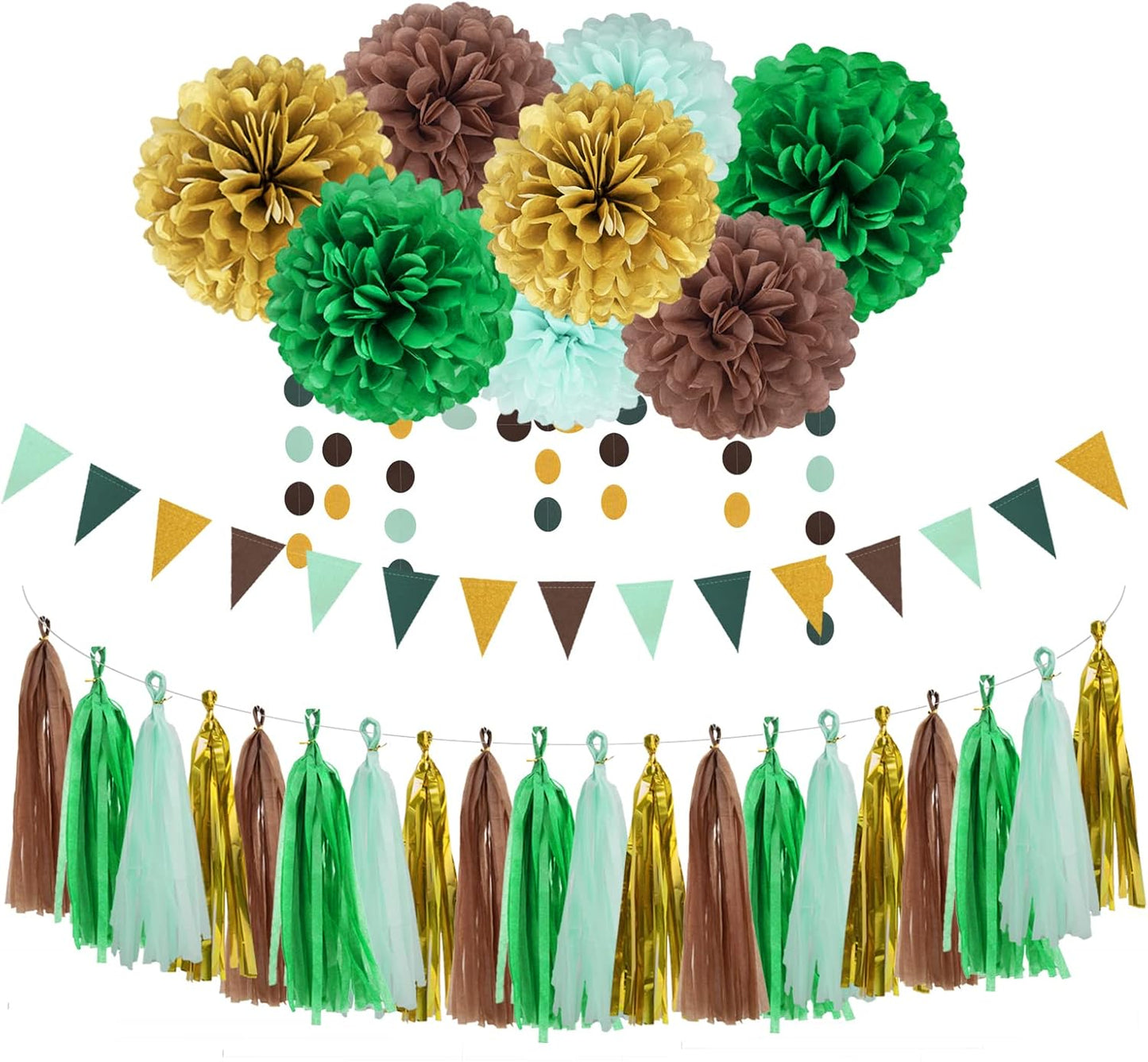 Sage Green Gold Party Decorations - 30pcs Hanging Decoration Birthday Party Tissue Paper Flowers Wedding Pennant Banner Neutral Baby Shower Circle Dots Garland Engagement Tassel Bridal Shower Decor