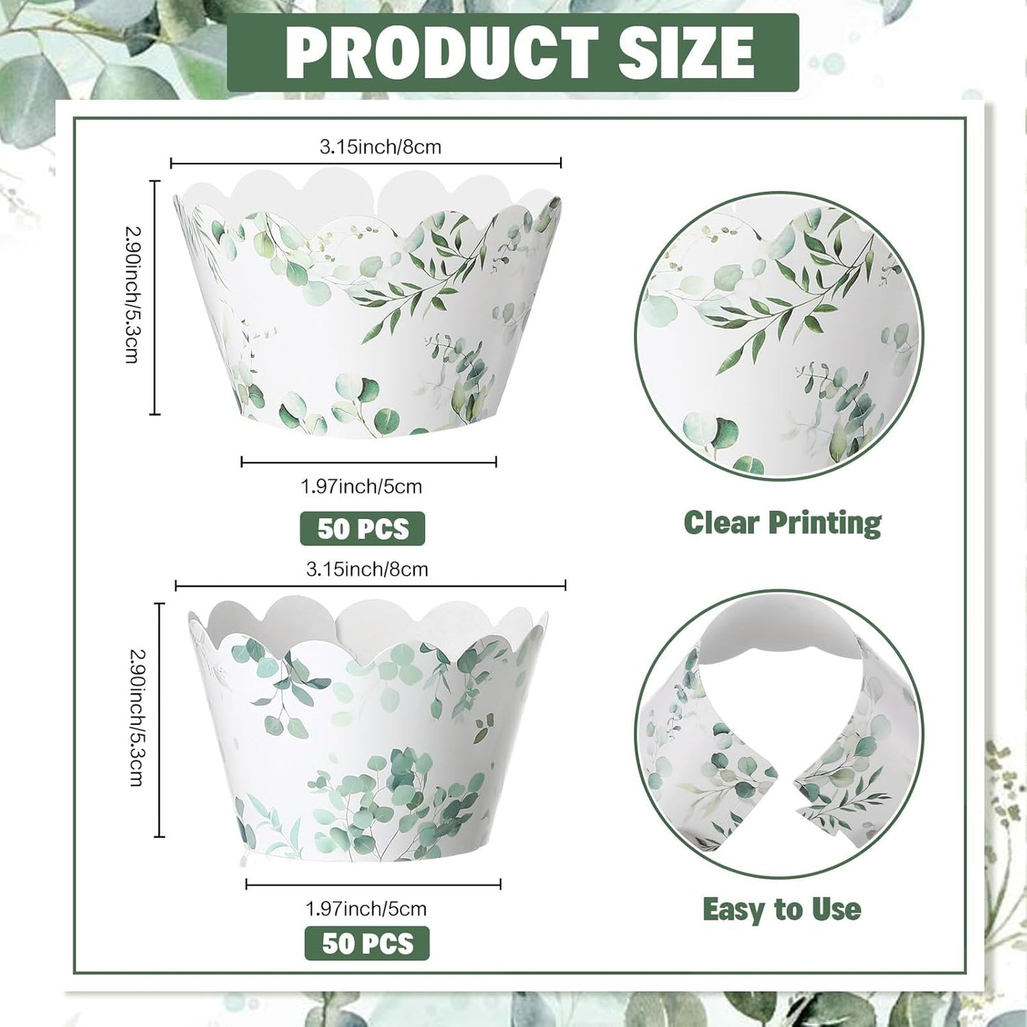 Domensi 100 Pcs Eucalyptus Cupcake Wrappers Rustic Cupcake Liners Green Tulip Baking Cups Baking Liners for Wedding Bridal Baby Shower Birthday Party Supplies Dessert Decoration