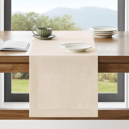 ZeeMart Linen Textured Border Table Runner, 14 x 60 Inch Cream, Farmhouse Style Cream Table Runners 60 Inches Long, Easy Care Everyday Polyester Table Runner