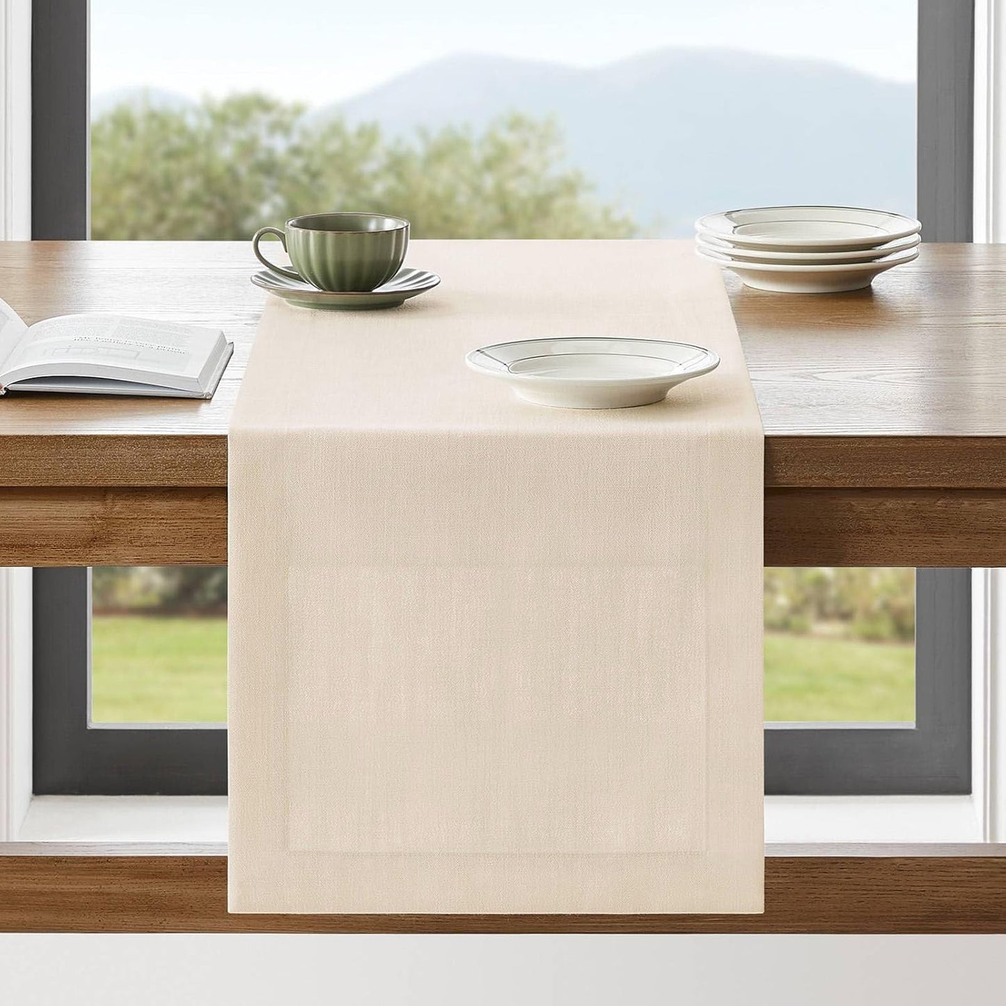 ZeeMart Linen Textured Border Table Runner, 14 x 48 Inch Cream, Farmhouse Style Cream Table Runners 48 Inches Long, Easy Care Everyday Polyester Table Runner