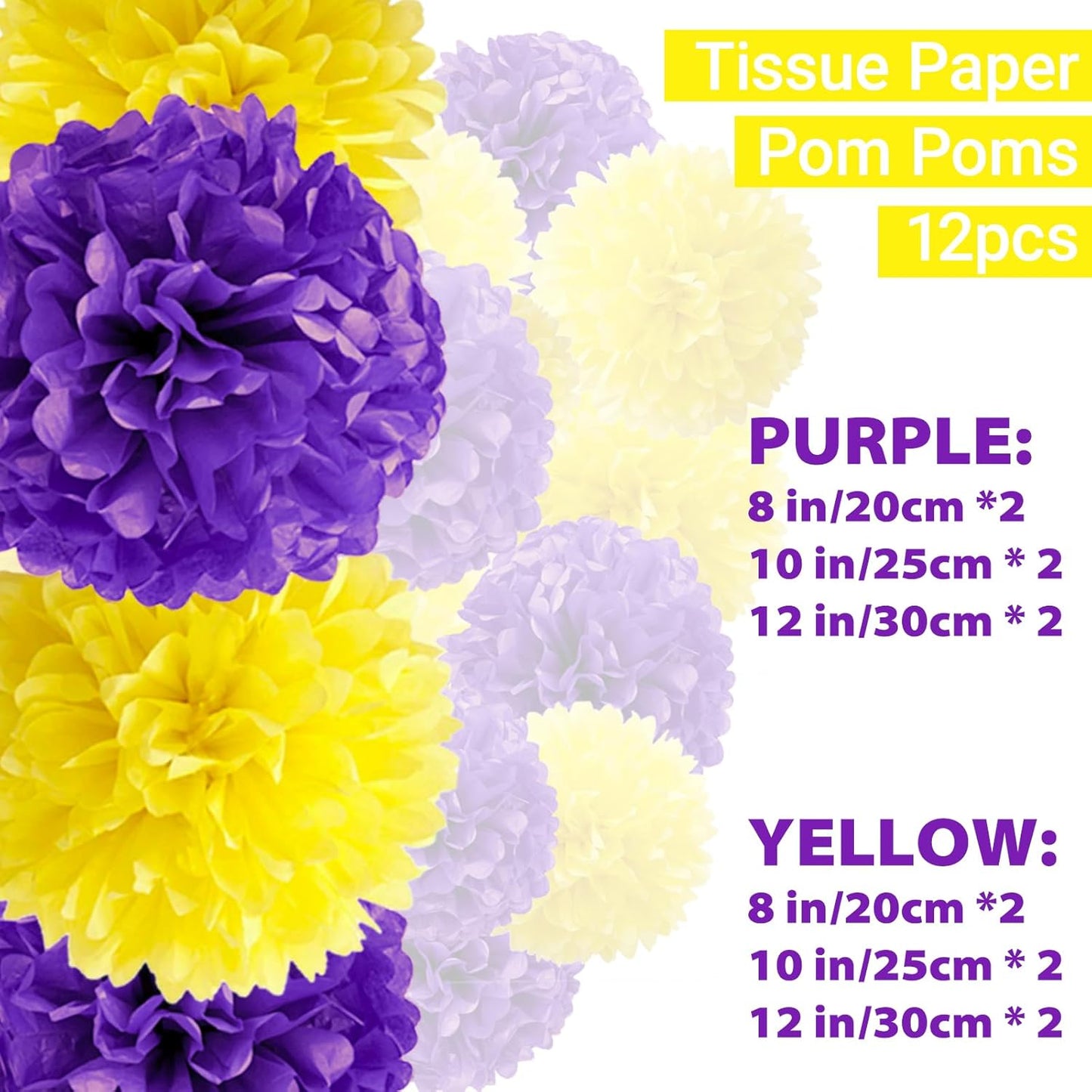 Capesaro Purple Yellow Tissue Paper Pom Poms，12PCS Tissue Paper Flowers for Basketball Sport Theme Party Birthday, Graduation Decorations, Football Party Supplies for Men Boys Adults Sports Theme