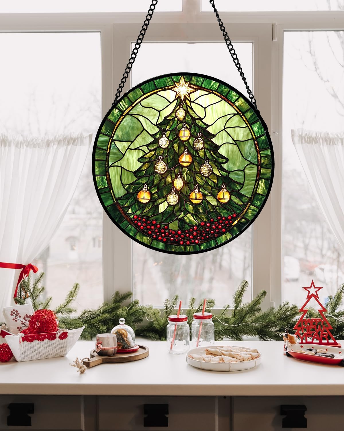 Stained Glass Window Hanging - Green Christmas Tree Golden Bells Suncatcher for Doors Home Christmas Decoration Sun Catcher Thanksgiving New Year Birthday Gift for Women Men Mom Nana 15 in