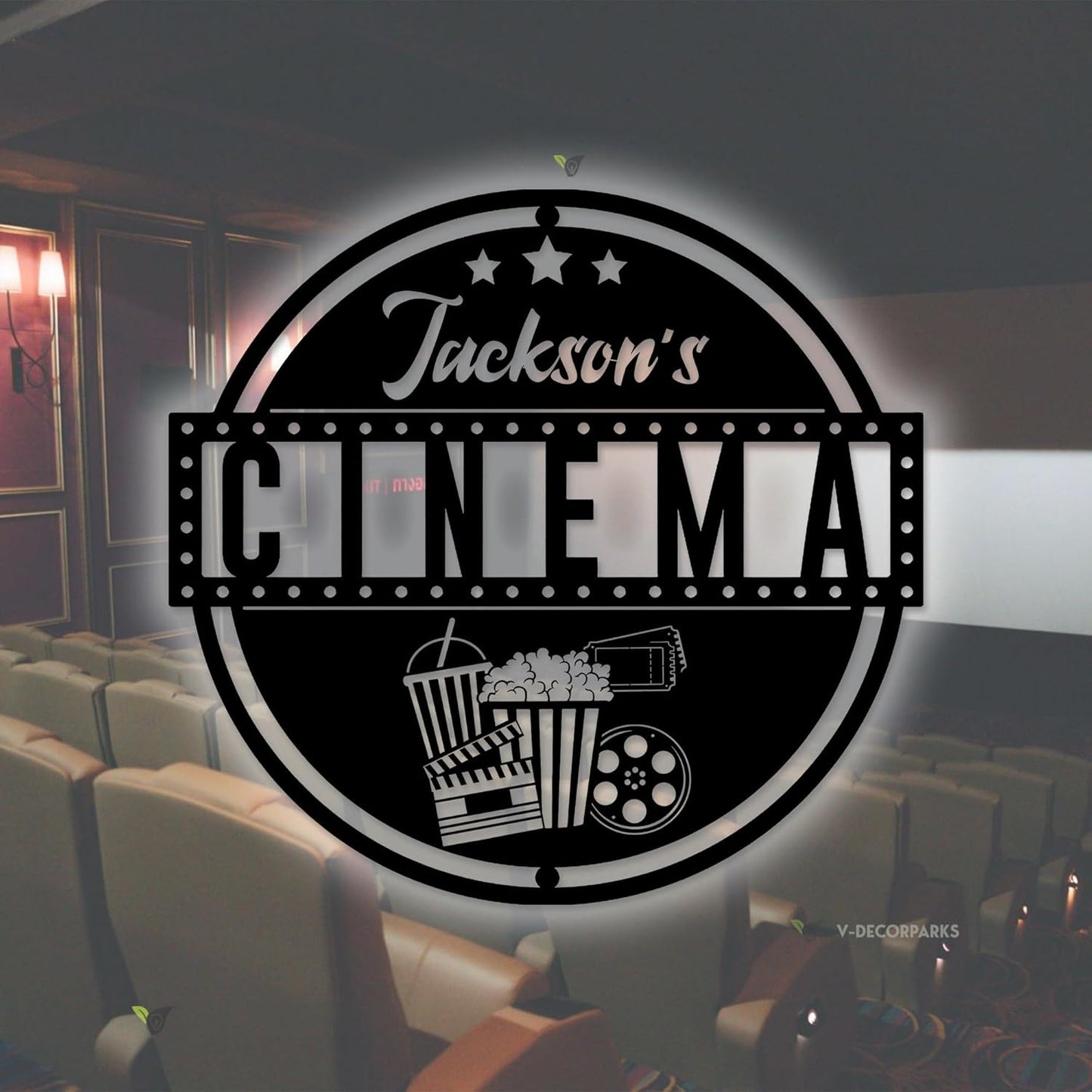 Custom Movie and Popcorn Metal Wall Art LED Light Custom Family Cinema Home Theater Name Sign Home Decor Theater Decor Xmas Birthday Gift