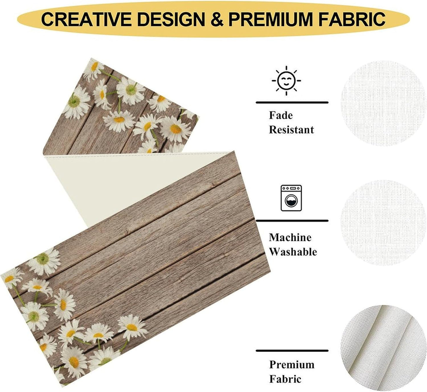 Daisy Floral Table Runner, Farmhouse Spring Seasonal Summer Teal Green White Flower Rustic Abstract Table Center Decor for Home Kitchen Dining Holiday Party Indoor Table Decorations, 13"x90" Inch