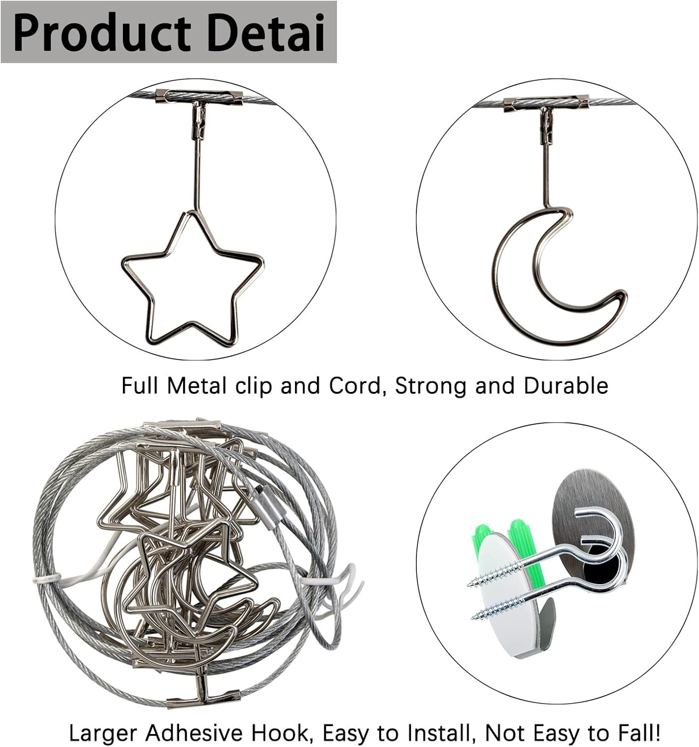 2 Pack Chain Photo Clip Hanging Photo Display Wall Photo Display Metal Photo String with 12 Clips Wall-Mounted Picture Holder for Hanging Painting Family Photos Artworks (Silver-Star and Moon)