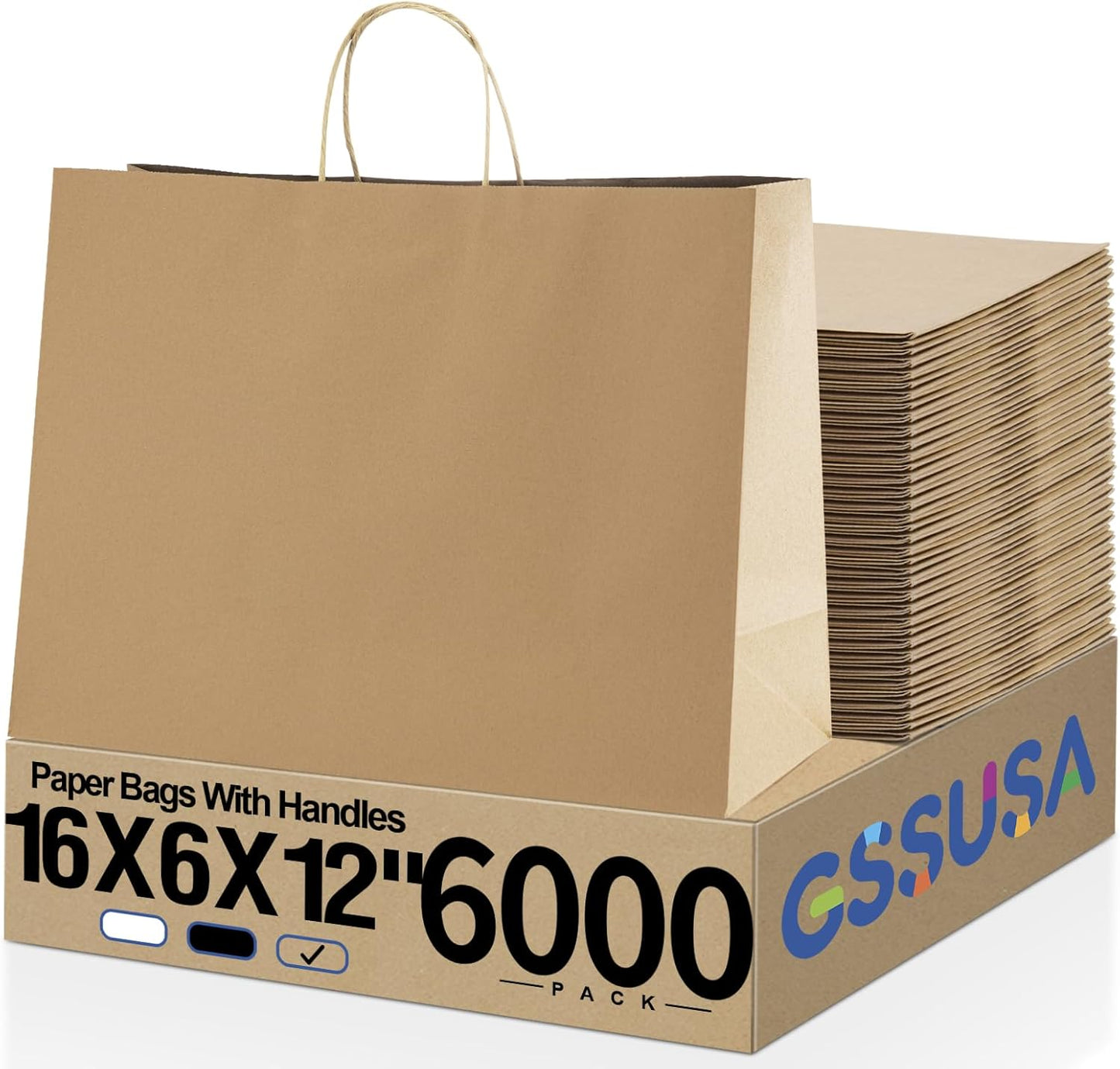 GSSUSA 16x6x12 Inches Large Paper Bags with Handles, 6000 Pack Brown Paper Gift Bag, Recyclable Kraft Paper Shopping Bags for Small Business, Party Favor, Craft Bag for Boutique