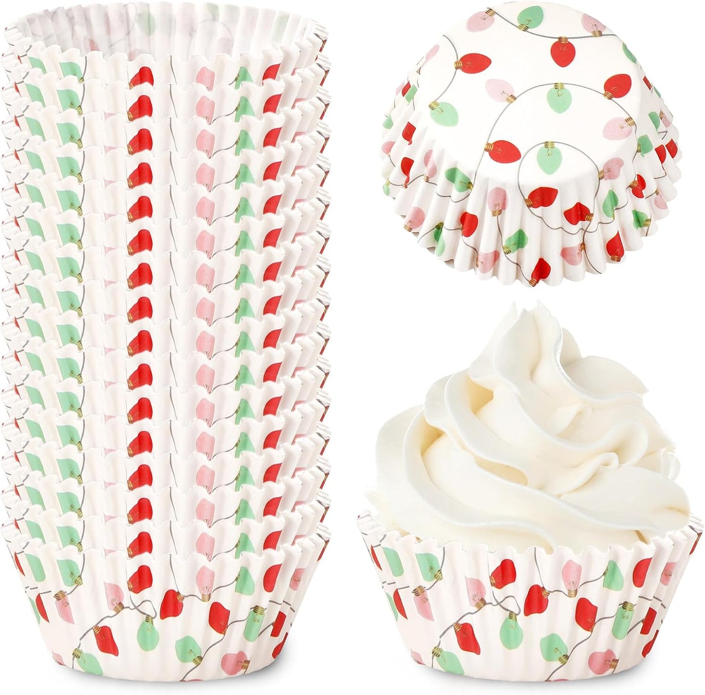 Whaline 300Pcs Christmas Paper Baking Cups Light Bulb Cupcake Liners Xmas Winter Muffin Liner Cake Paper Cups Storage Container for Holiday Party DIY Craft, 2 x 1.2 Inch