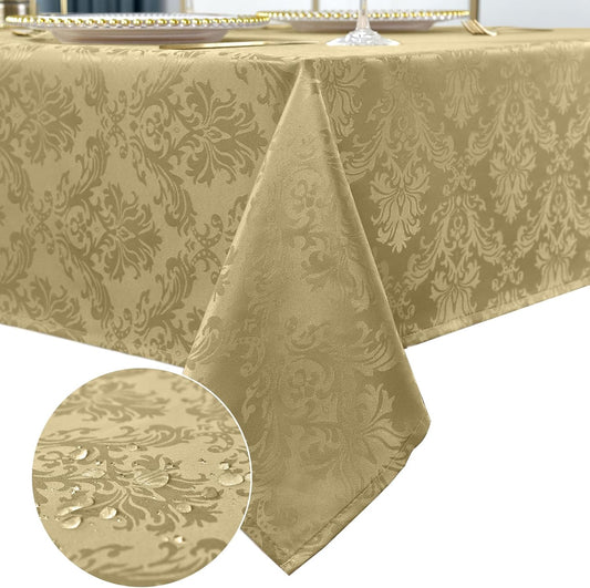 SASTYBALE Rectangle Jacquard Tablecloth - 52 x 70 Inch Spill Proof Wrinkle Resistant Damask Table Cloth, Soft Polyester Oblong Table Cover for Kitchen Parties Farmhouse, Gold