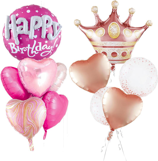 Rose Gold Crown Mylar Balloons And Pink Birthday Large Round Mylar Balloons Set