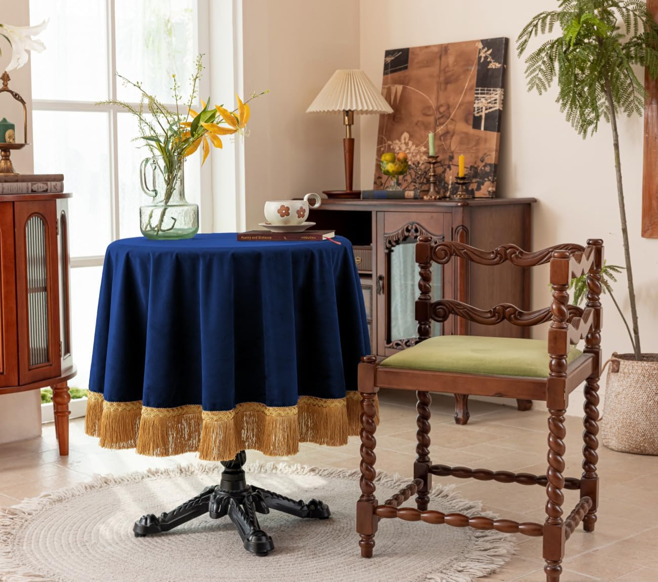 F-CHU Blue Tablecloth Thickset Velvet Tablecloth with Beautiful Gold Tassels Vintage Table Cloth for Home Decor Wedding, Party, Banquet and Events 70" Round