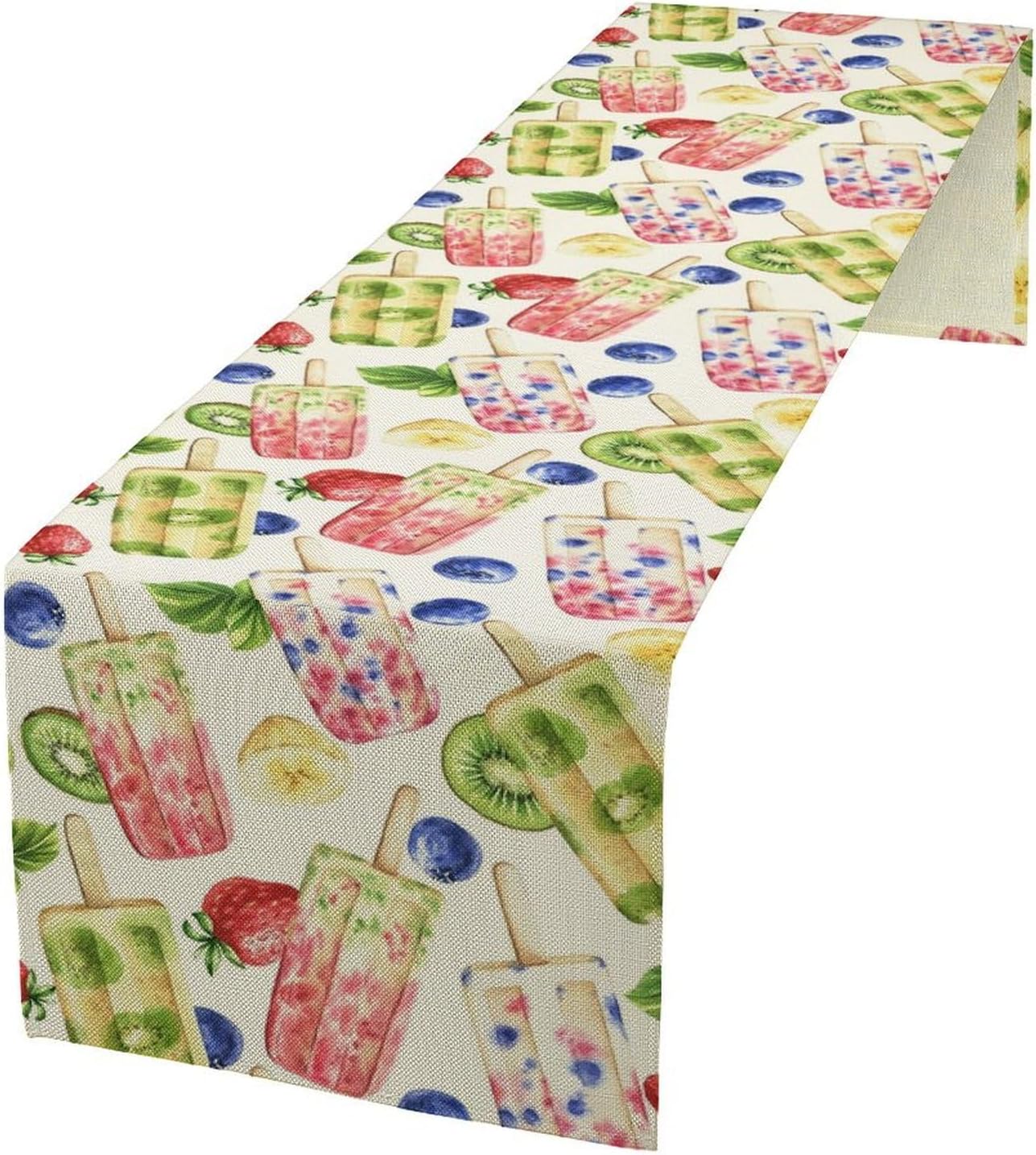Ice Cream Table Runner, Watercolor Fruit Ice Popsicles Berry Kiwi Cold Summer Desserts Seasonal Dinner Runner for Party Holiday Home Kitchen Dining Table Decor 13"x120"