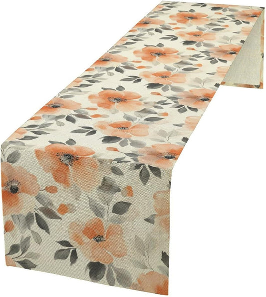 Floral Fall Table Runner, Rustic Watercolor Orange Flowers Seasonal Summer Autumn Table Runner for Kitchen Dinning Table Runner Decor Home Wedding Party Holiday, 13x90 Inch