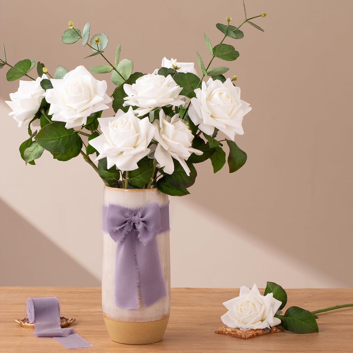 DORIS HOME 2" x21Yd Chiffon Ribbon for Flower Bouquet, Purple & Ivory Fabric Ribbon for Gift Wrapping, Handmade Frayed Ribbon for Wedding, Chiffon Silk Ribbon for Christmas Decorations