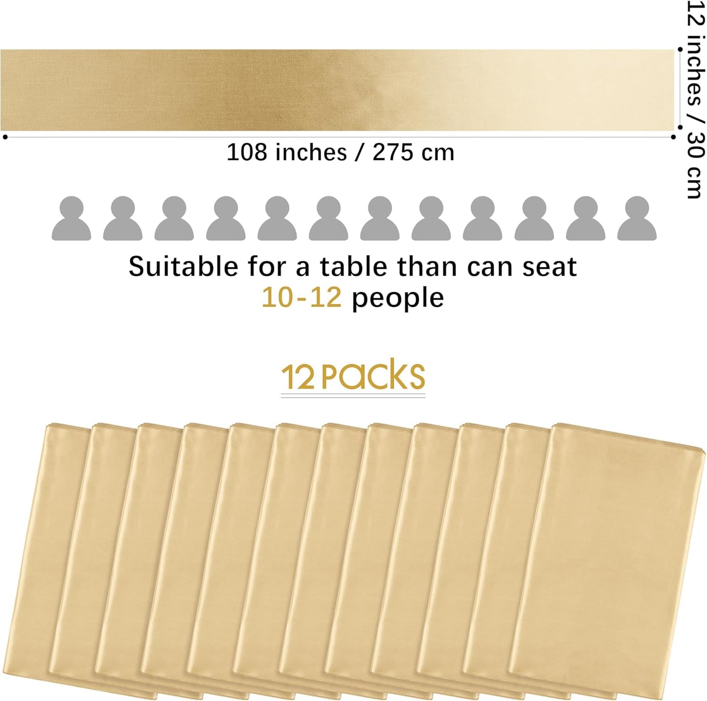 Aneco 12 Pack Satin Table Runner 12 x 108 Inch Champagne Long Wedding Satin Silk Table Runner for Wedding Banquet Graduations Birthday Party Decoration