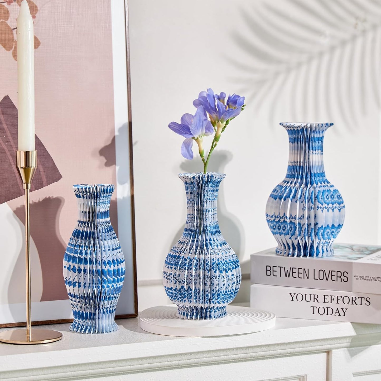 3 Pcs Blue and White Paper Honeycomb Vase, Foldable Decorative Vase with Magnetic Closure, Chinoiserie Décor Vase, Reusable Table Centerpiece for Wedding, Baby Shower, Home Decor