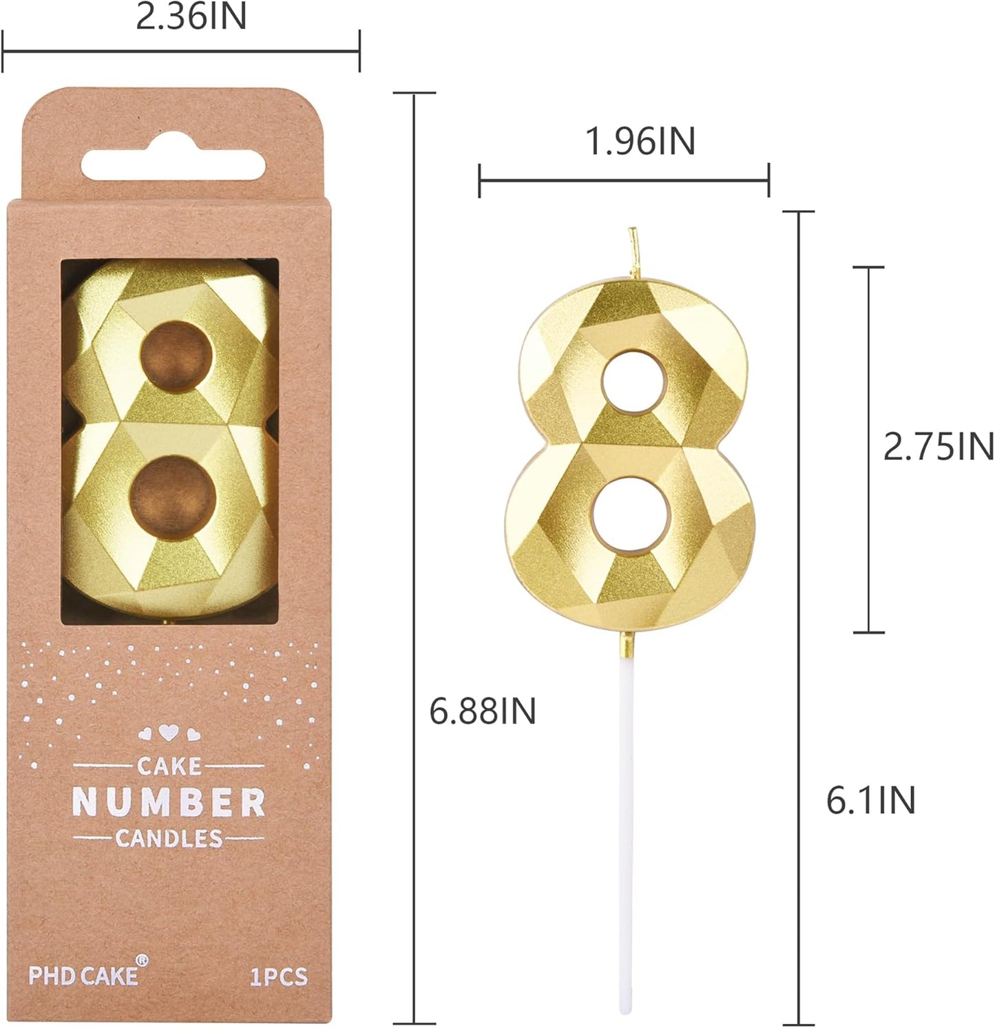 PHD CAKE 2.76 Inch Crystal Gold 8 Number Birthday Candles, Gold Number Candles, Cake Number Candles, Party Celebration