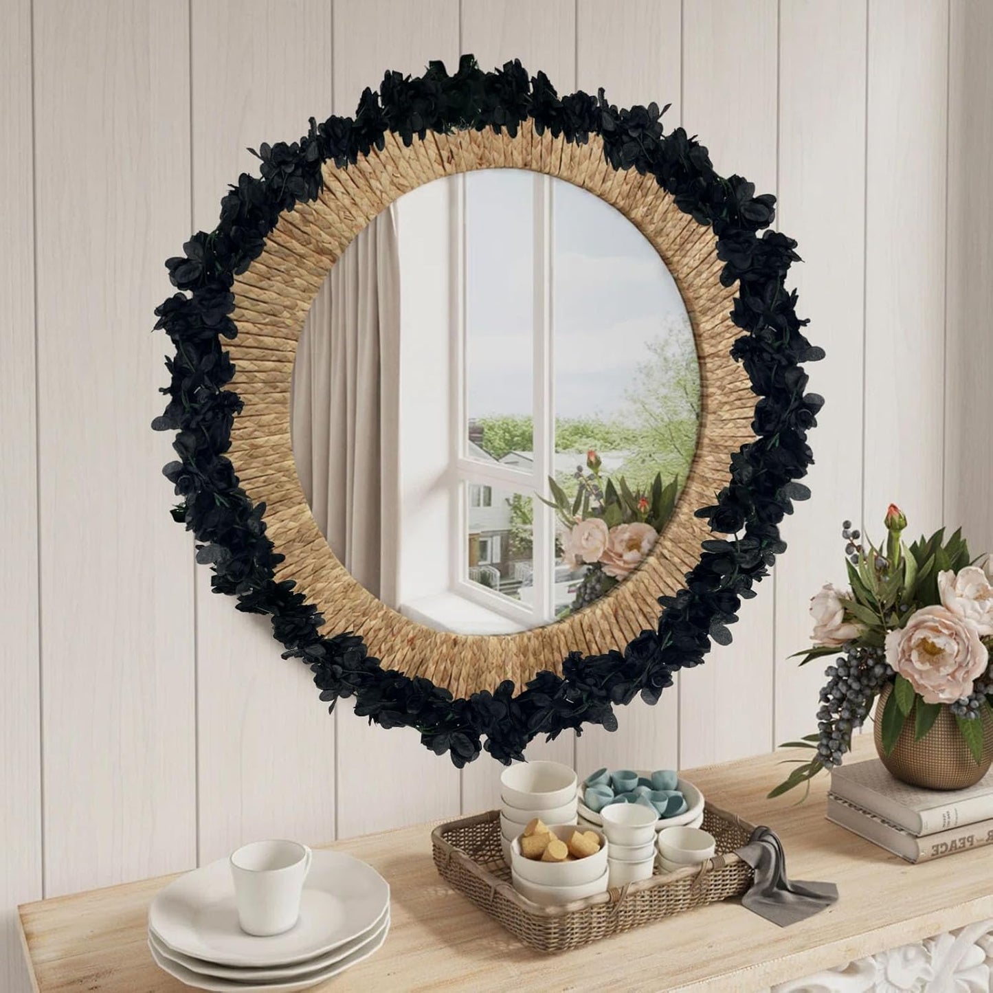 8Pcs 63Ft Black Rose Garland, Fake Rose Hanging Flowers, Artificial Flower Vine, Hanging Floral Vine Garland for Wedding, Birthday Party, Wall Arch, Halloween, Christmas Garden Backdrop Decor