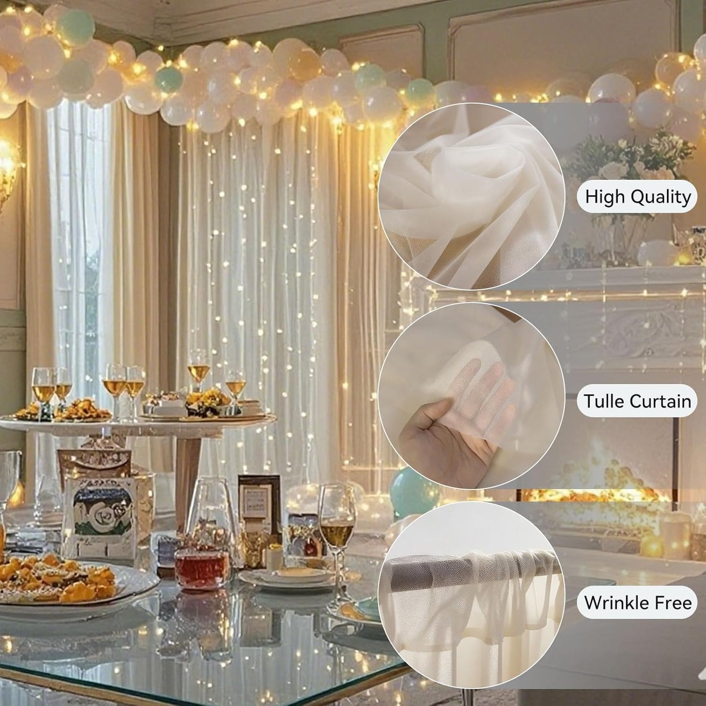 10×10ft Tulle Backdrop Curtains with Lights String - 300LED Fairy Lights Sheer Curtain Backdrop for Weddings Baby Shower and Birthday Party Decorations(2 Panels 5×10ft)