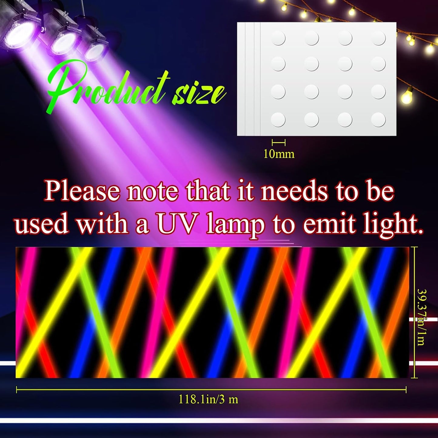 Haull 118 x 39 Inch Neon Light up Dance Floor Glow in The Dark Runner UV Reactive Blacklight Floor Aisle Runner Decor Wall Props for 80s 90s Neon Birthday Party Decorations(Glow Stick)