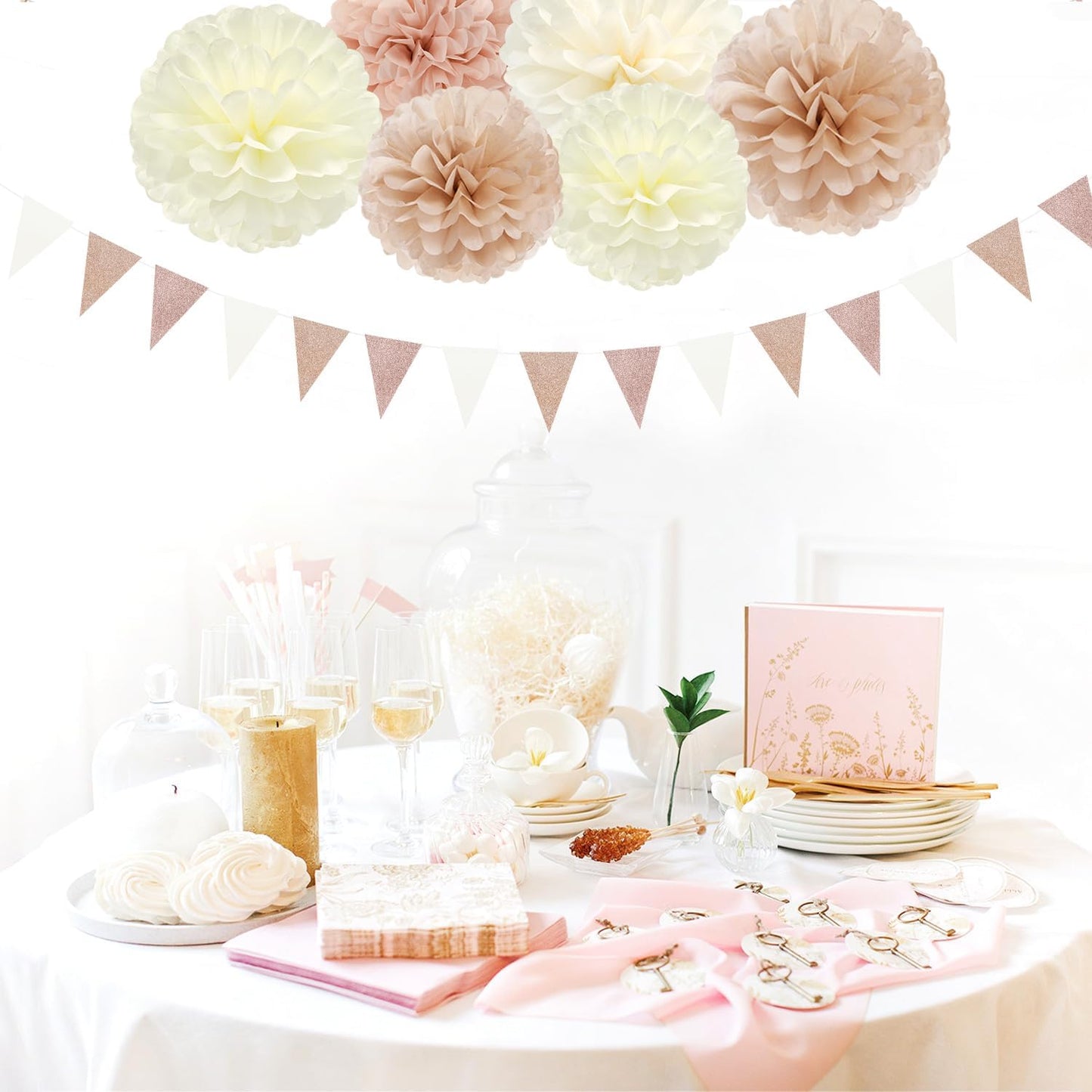 Champagne-Gold Beige Boho Baby-Shower Party-Decorations - 23pcs Fall Rustic Neutral Bridal Wedding Paper Tissue Pom Poms Streamers,Retro Tassel Garland,Girl Birthday Banner Decor Lasting Surprise