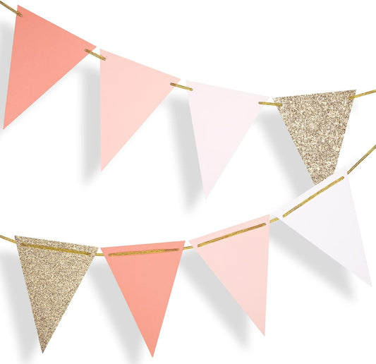 Fonder Mols 10-feet Vintage Flags of Paper Pennant Banner, Triangle Flags Bunting Banner Garland for Boho Wedding, Baby Shower, Girl Room Nursery Decoration (Ivory+Pink+Rose Gold Glitter)