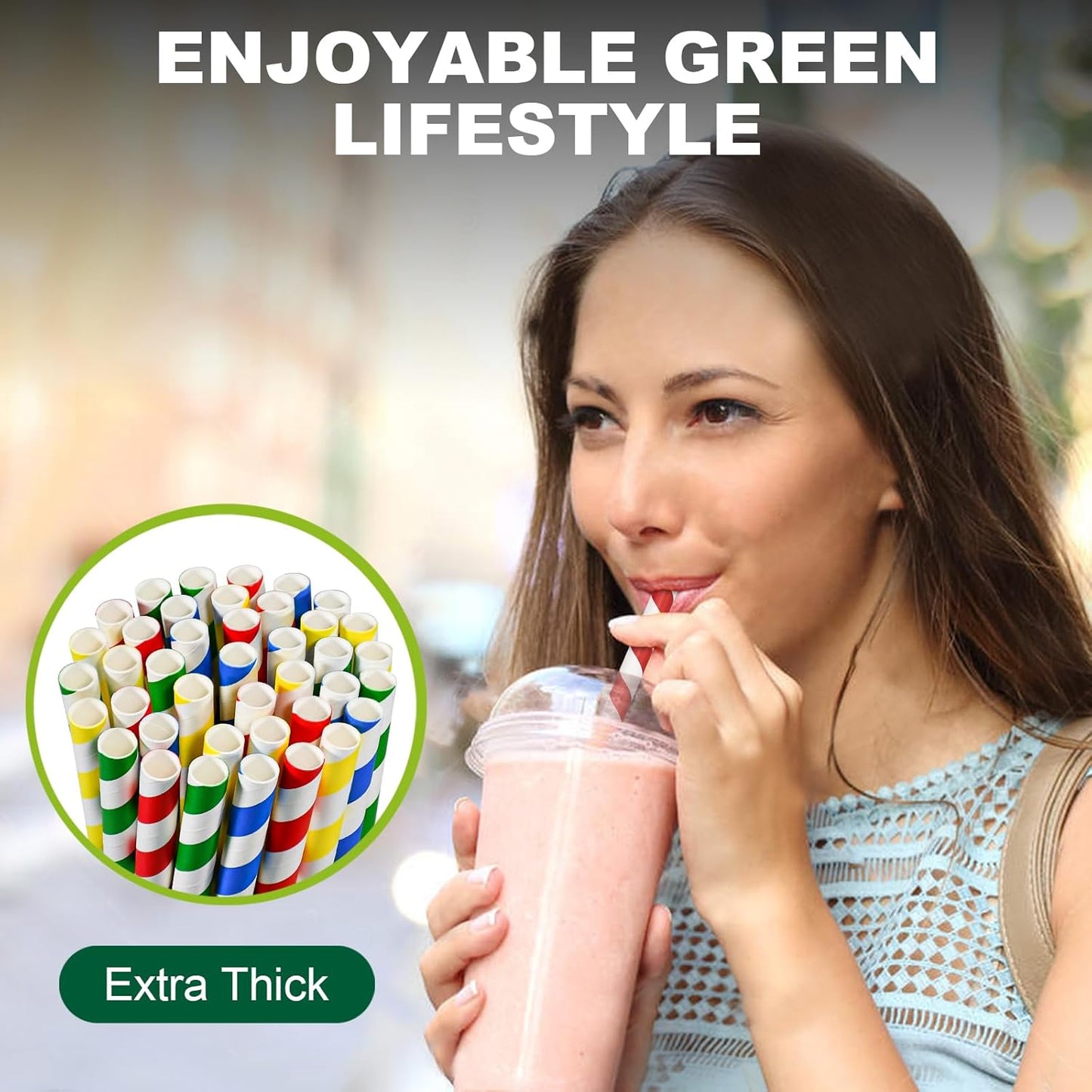 [10MM Wide] 10.25 Inch Extra Long Fat Sturdy Paper Drinking Straws for Smoothies, Milkshakes, Thick Frozen Drinks - 100 Counts, Colorful Stripes - Biodegradable