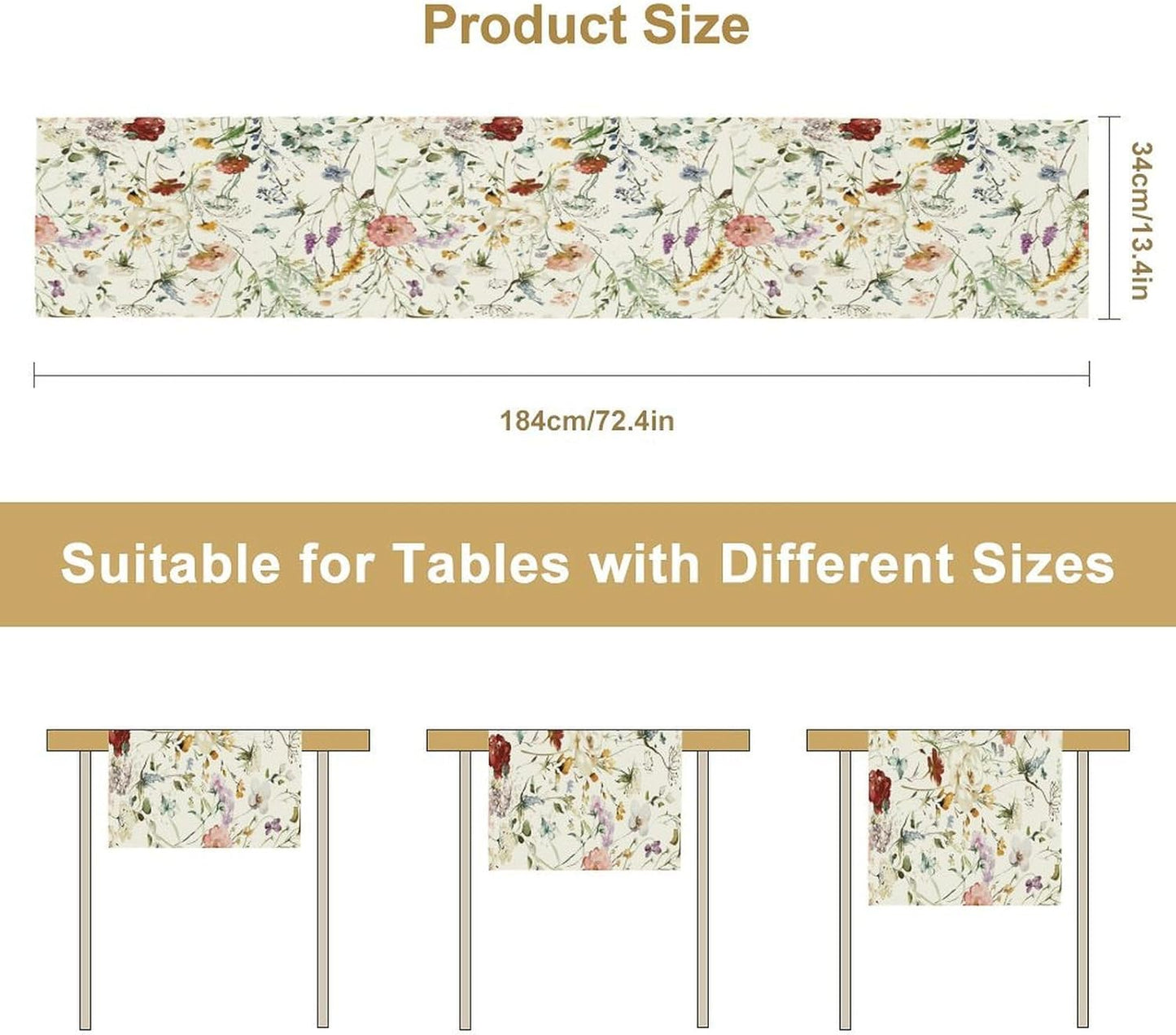 Floral Butterfly Table Runner,Rustic Colorful Flower Botanical Watercolor Pattern Print Burlap for Hotel Indoors Outdoor Dining Room Kitchen Holiday Party, 13x70in