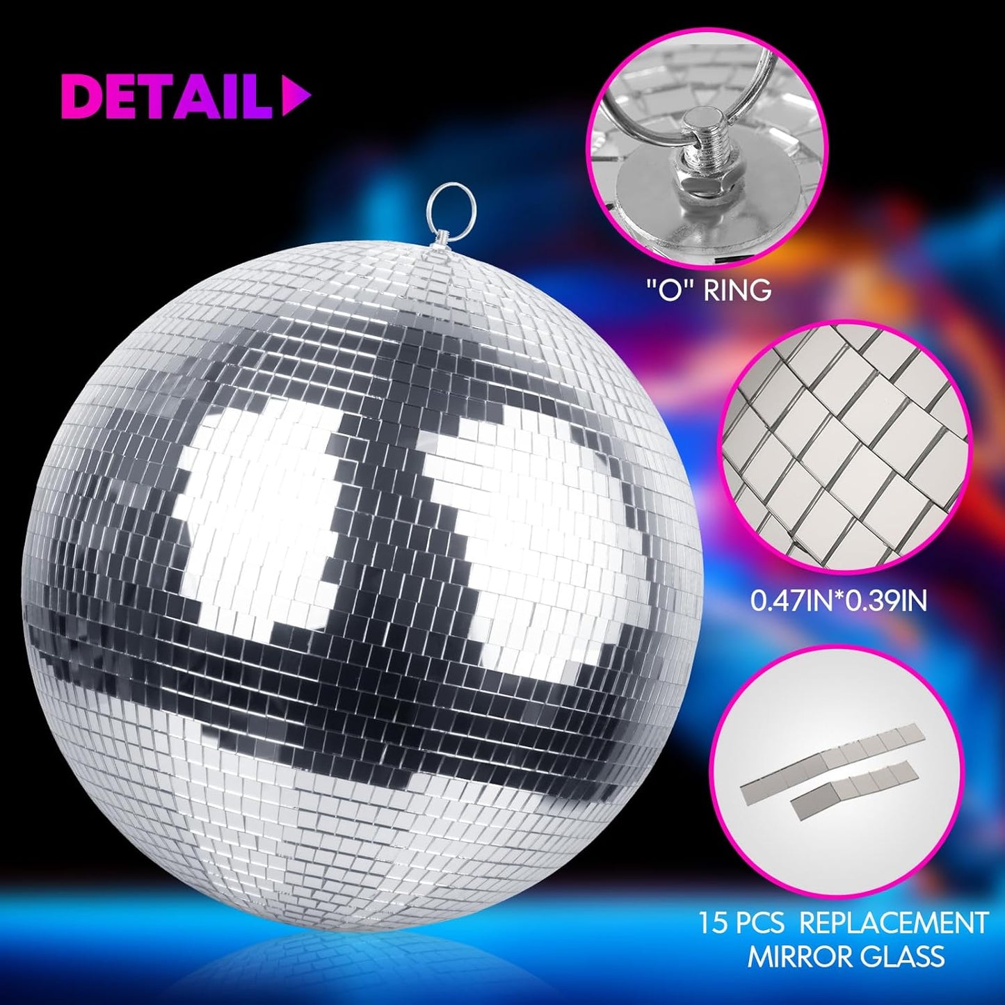 Faeshoo 16inch Large Disco Ball Mirror Ball for Disco Party Decorations, Disco Ball x 1pc, Replacement Mirror x 15pcs