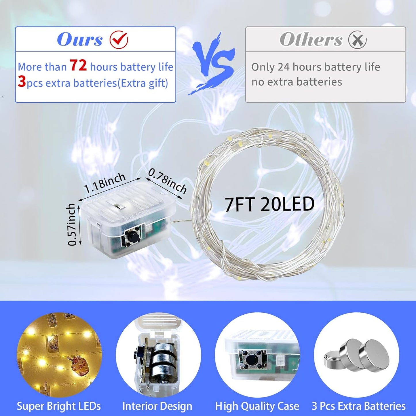 100 Pack Blue Fairy Lights 7Ft 20 LED Twinkle String Lights 3 Modes Battery Operated Waterproof Firefly Starry for Mason Jar Party Wedding Christmas Valentines Day Table Centerpieces