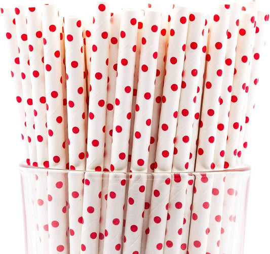 Pack of 150 Red Polka Dot Biodegradable 4-Ply Paper Drinking Straws (Compostable, Non-toxic, BPA-free)