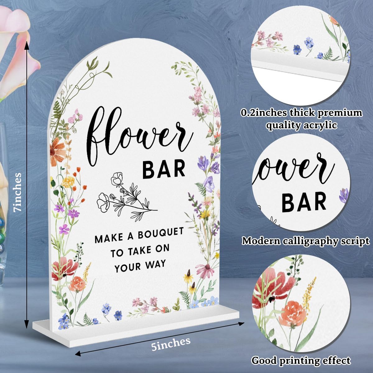 Acrylic Wedding Signs, Flower Bar Signs for Marriage Reception, Flower Bar Desk Decor, Modern Arched Round Top Acrylic Table Top Sign with Holder for Wedding Reception Party (White Wildflowers)
