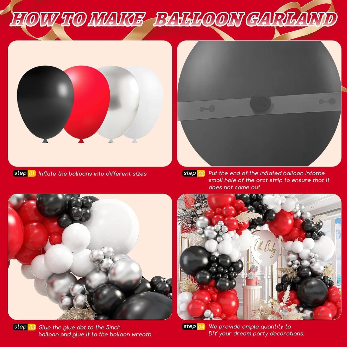 412Pcs Red Black and White Balloon Garland Arch Kit,18 12 10 5 Inch Different Size Red Black White Balloons for Shower Birthday New Year Graduation Wedding Racing Car Poker Party Decorations
