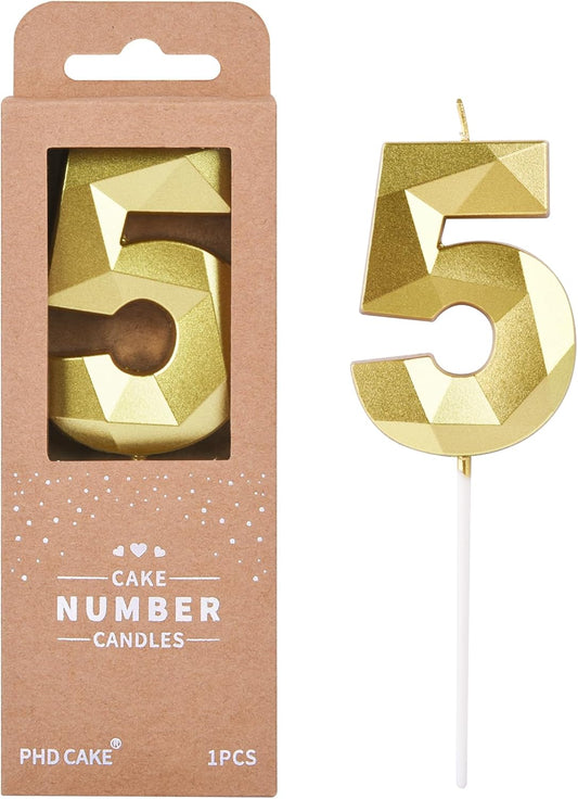 PHD CAKE 2.76 Inch Crystal Gold 5 Number Birthday Candles, Gold Cake Candles for Party Celebration