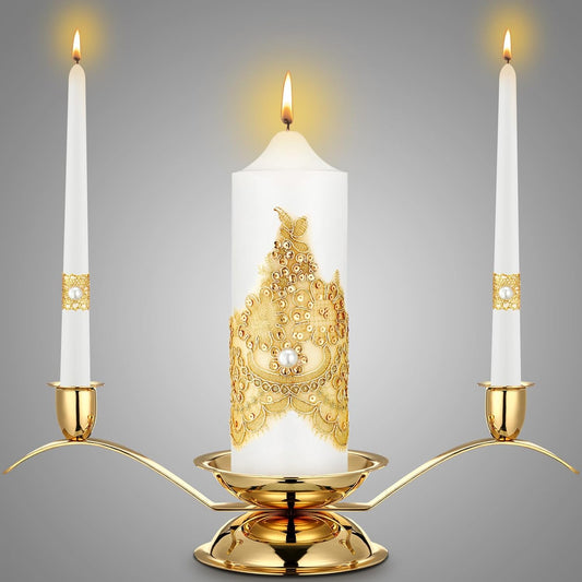Irenare Unity Candles with Holder for Wedding Ceremony Wedding Decortions Accessories Glass Candle Holder Pillar Candle for Formal Events Church(Gold Wedding)