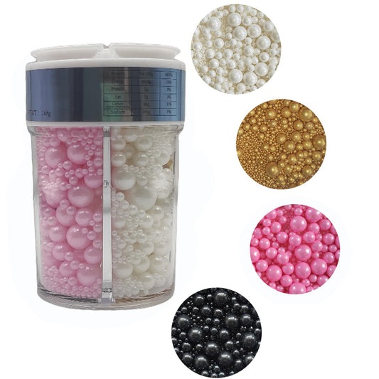 Edible 4 in1 Pearls Sugar Sprinkles 6 oz, Mix size Candy Pearl for Cake Decorating and Cupcake Toppers Cookie Decorations Ice Cream Topping Wedding Halloween Christmas(White,Black,Gold,Pink)