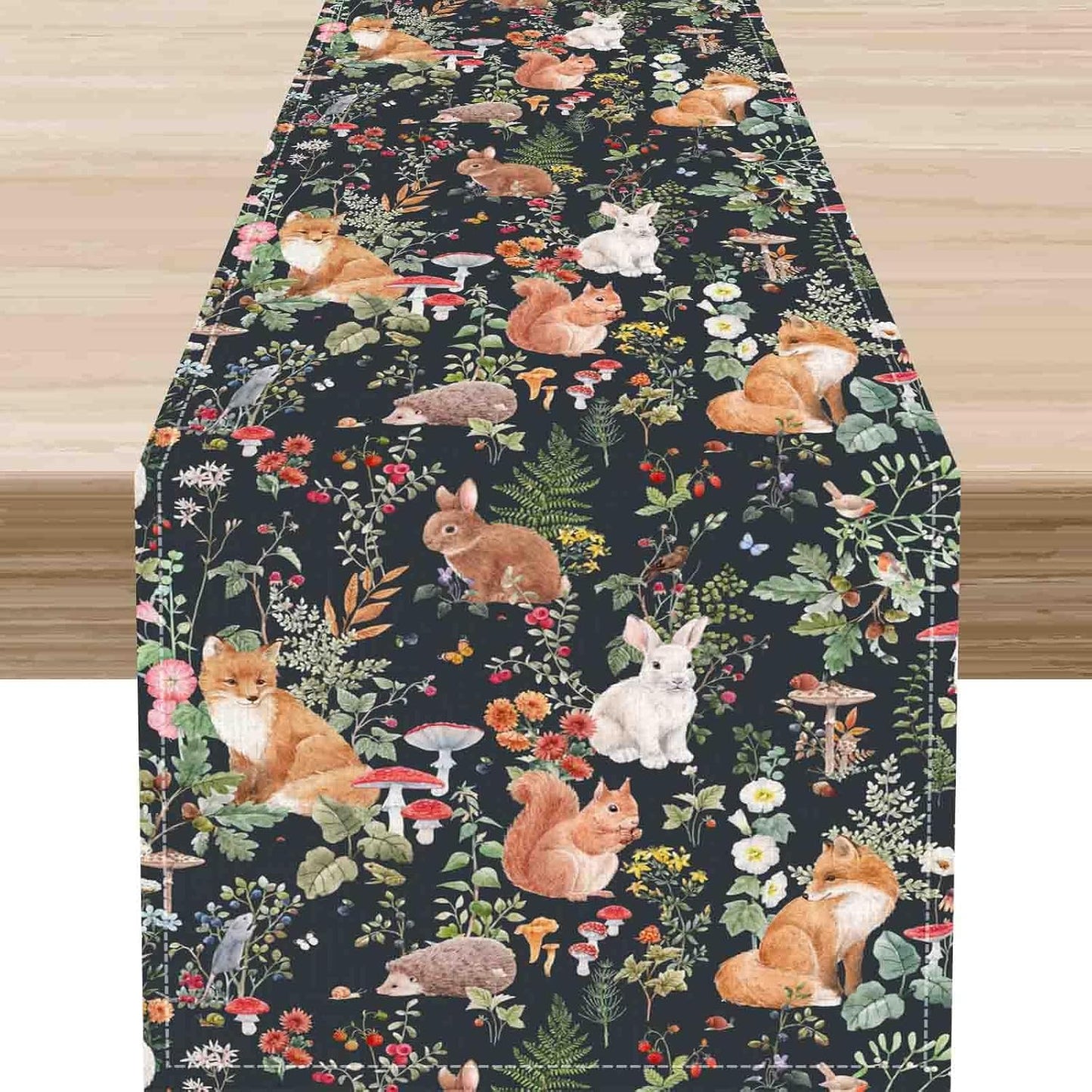 Rustic Forest Table Runner, Farmhouse Wild Woodland Animals Country Fox Rabbits Mushroom Botanical Green Table Center Decor for Home Kitchen Dining Patio Holiday Party, 13"x72" Inch