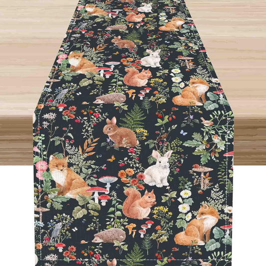 Rustic Forest Table Runner, Farmhouse Wild Woodland Animals Country Fox Rabbits Mushroom Botanical Green Table Center Decor for Home Kitchen Dining Patio Holiday Party, 13"x72" Inch
