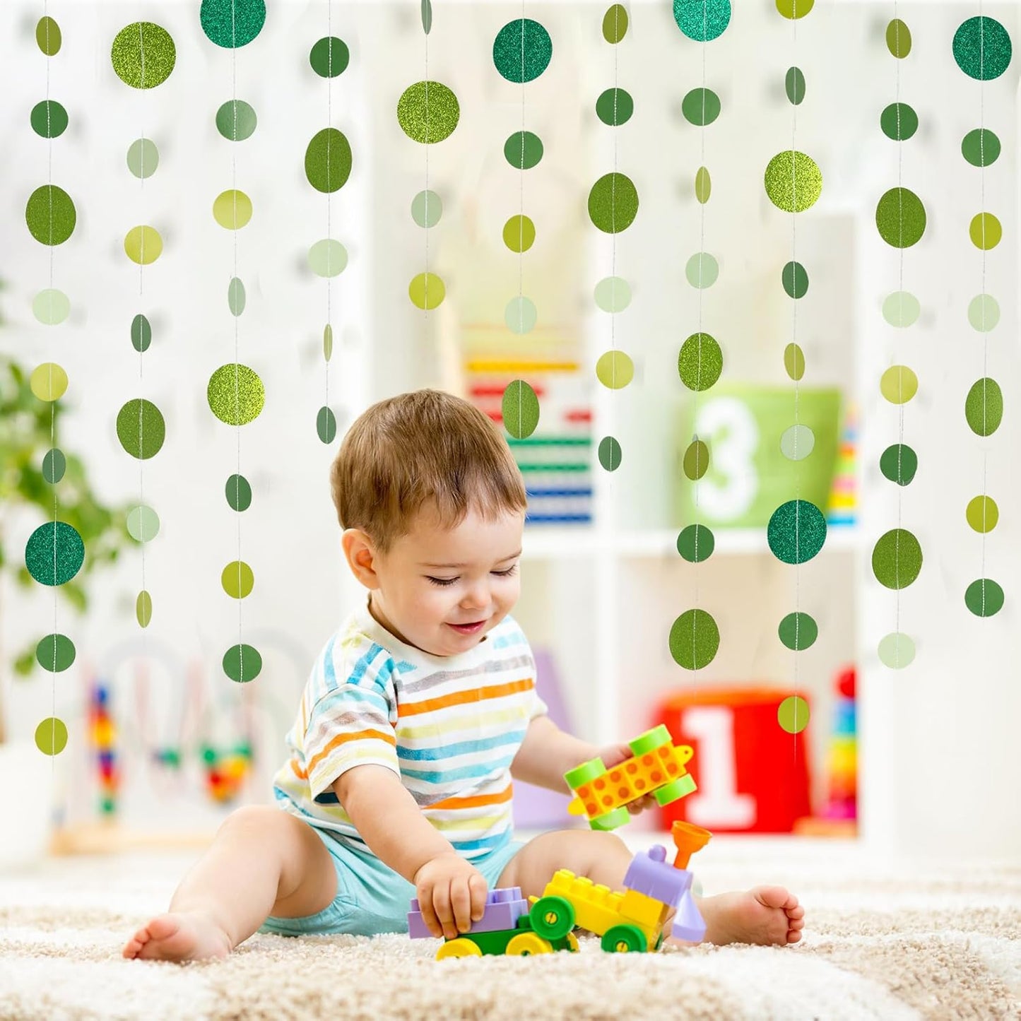 8 Pack Green Glitter Dot Garland, Hanging Circle Streamers Banner, Backdrop Hanging Decorations for Easter, St. Patrick’s Day, Spring Celebrations, Birthday Parties, Baby Showers, Weddings and More